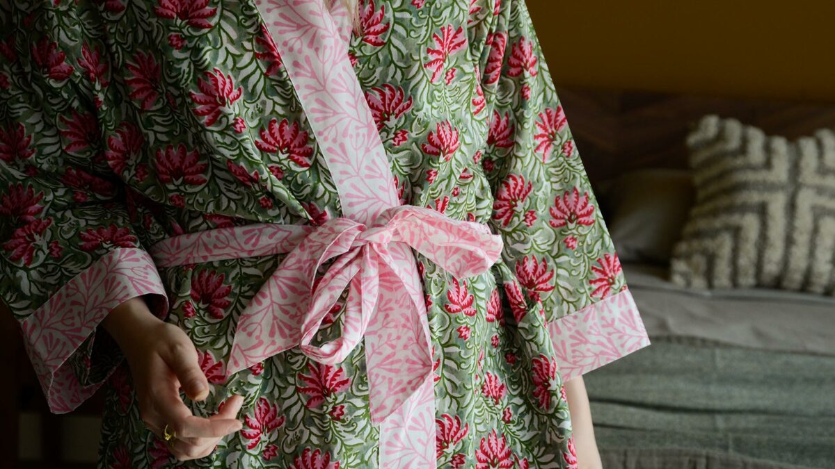 lightweight cotton robe with a vibrant pink and green block print design