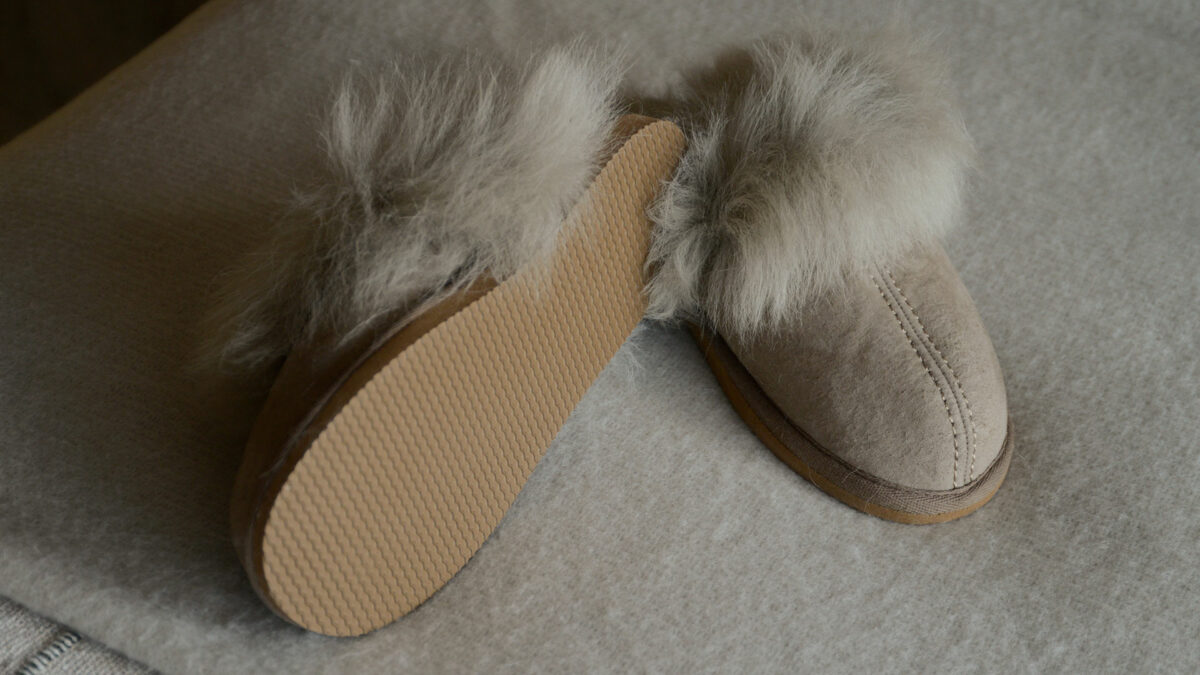 super fluffy open heel sheepskin slippers in fawn