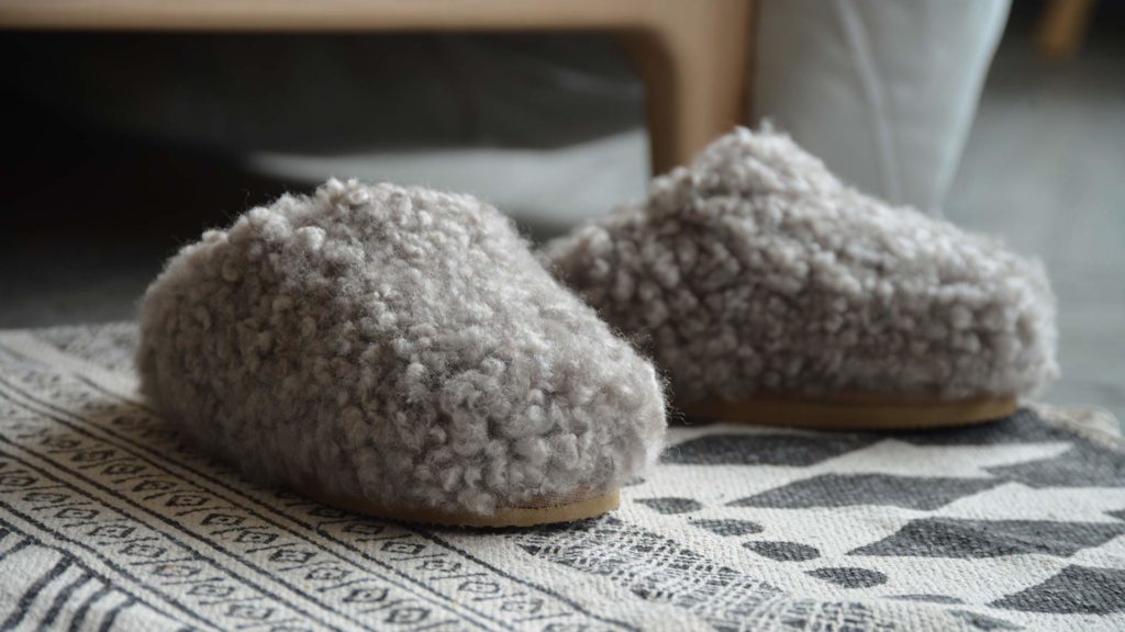fluffy sheepskin slip ons in taupe 1920
