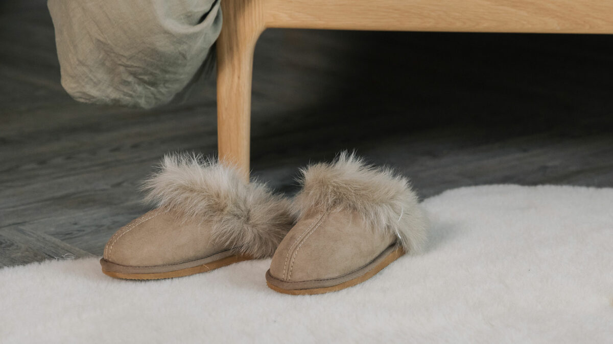 fluffy trim stone coloured sheepskin mule style slippers