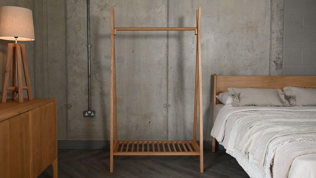 Image showing the Freestanding Solid Oak Clothes Rail without any accessories on it. This is to demonstrate the size and scope of the item without any decoration.