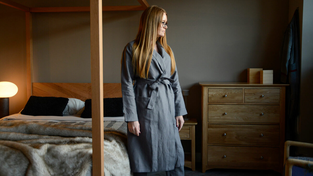 full view organic linen charcoal robe on amanda