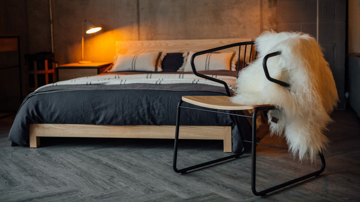 gabbia chair and sheepskin throw