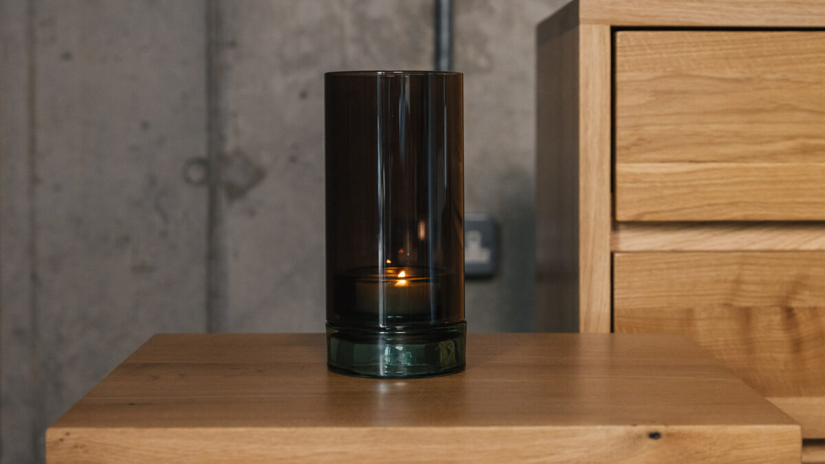 glass lantern in brown and teal