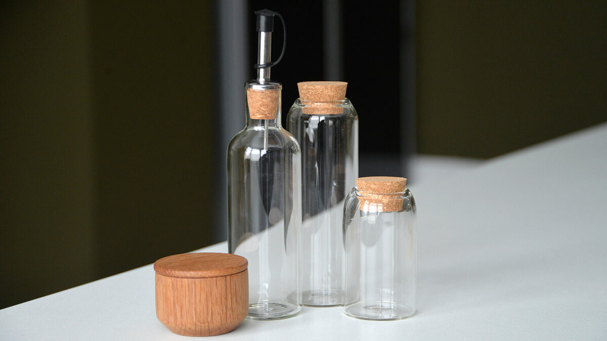 glass storage jars oil bottle and salt pot