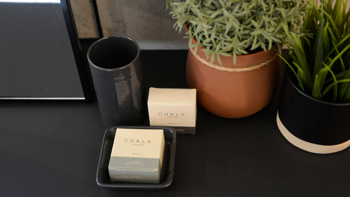 glossy grey ceramic bathroom accessories with chalk soaps