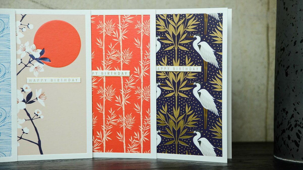 set of birthday cards with Japanese designs and gold detailing