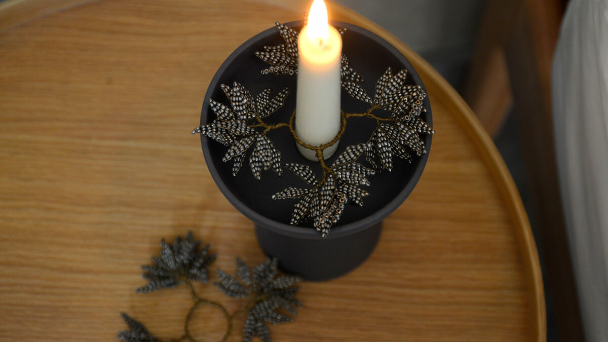 gold wire and platinum grey beaded decoration for candles