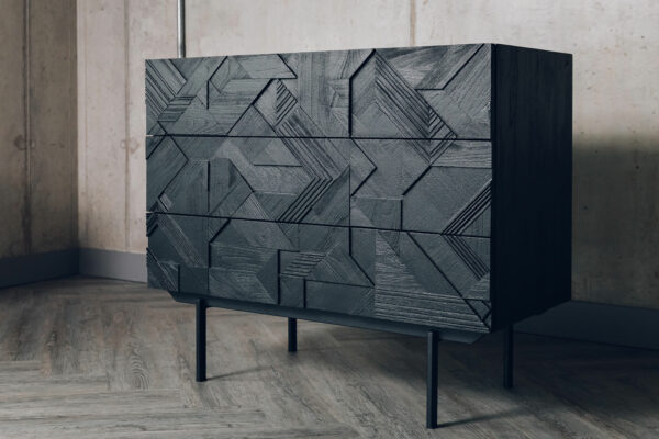 3 drawer wooden storage chest with a carved graphic pattern and black finish