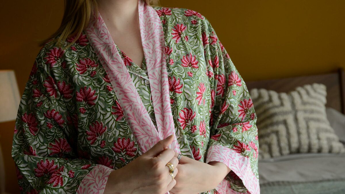 lightweight cotton robe and pjs with a vibrant pink and green block print design