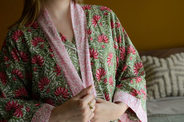 lightweight cotton robe and pjs with a vibrant pink and green block print design