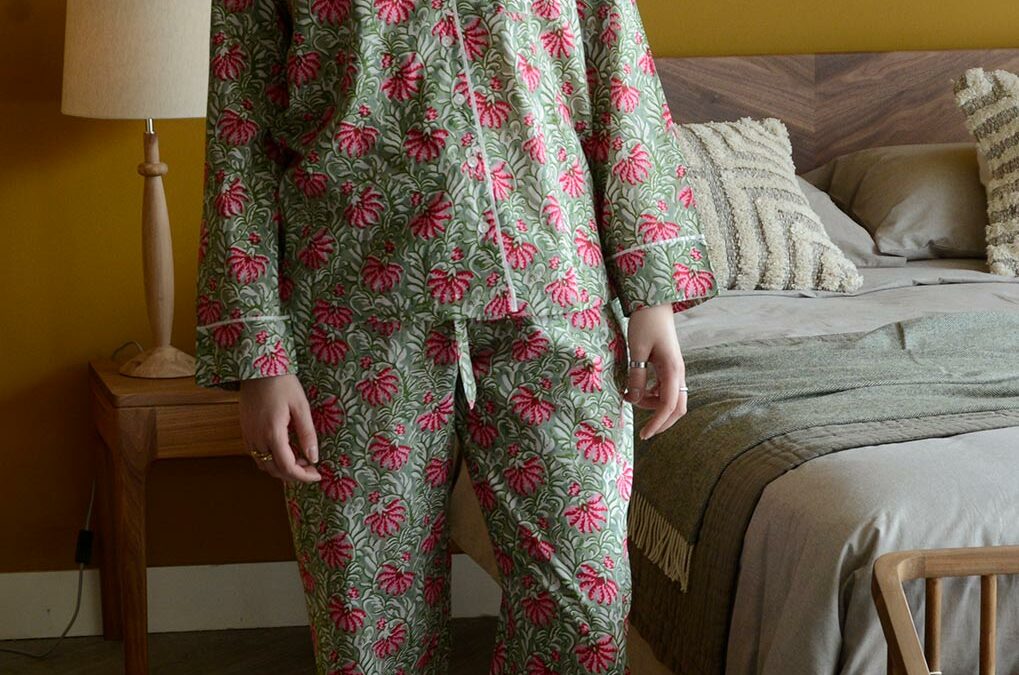 lightweight cotton pyjamas with a vibrant pink and green block print design