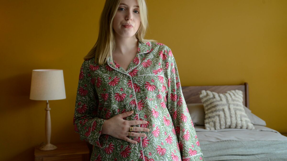 lightweight cotton pjs with a vibrant pink and green block print design