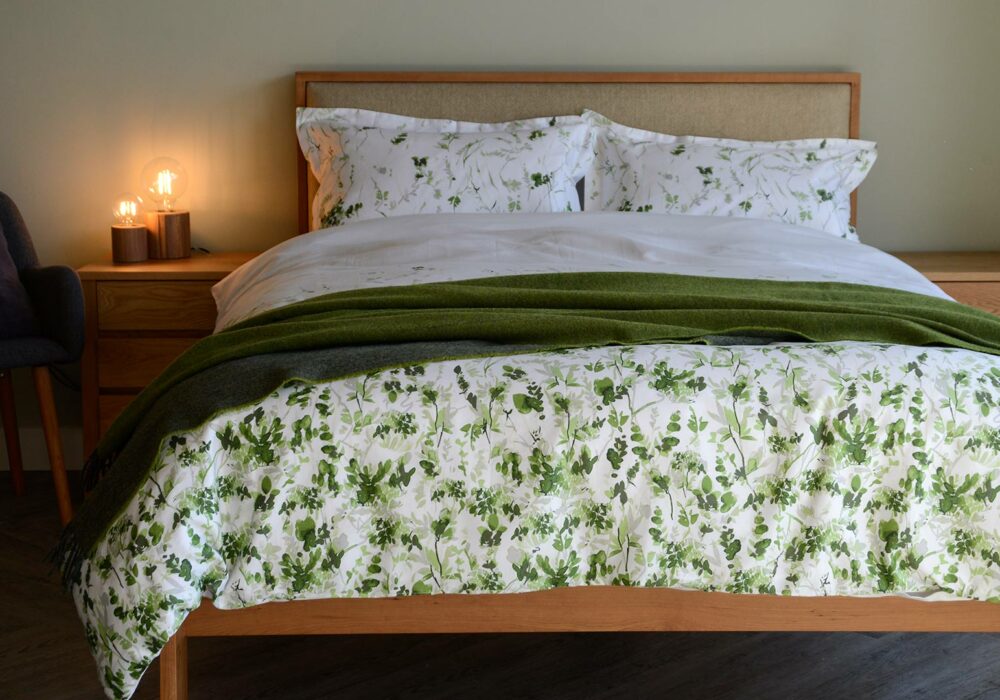 Green Leaf Print Duvet Set Sateen Cotton Natural Bed Company