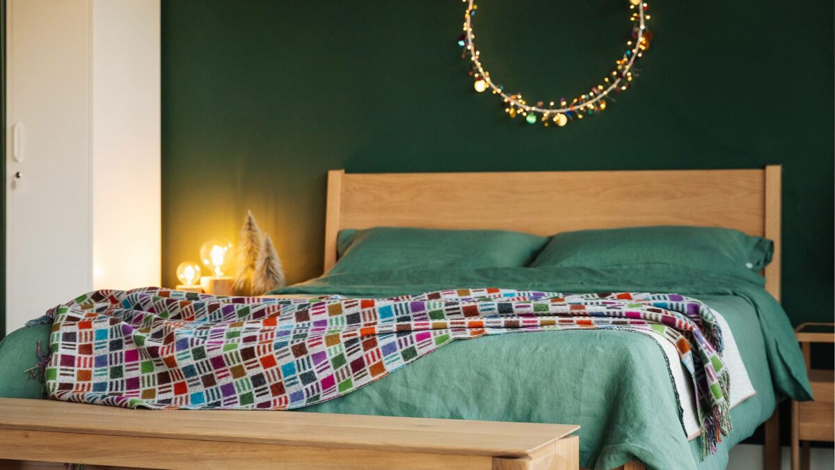 green linen with colouful bronte throw