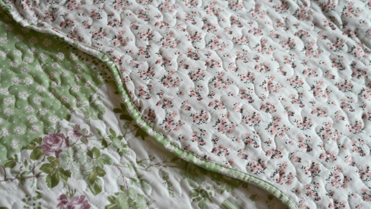 Reversible Patchwork quilted bedspread with sage green and rose colours