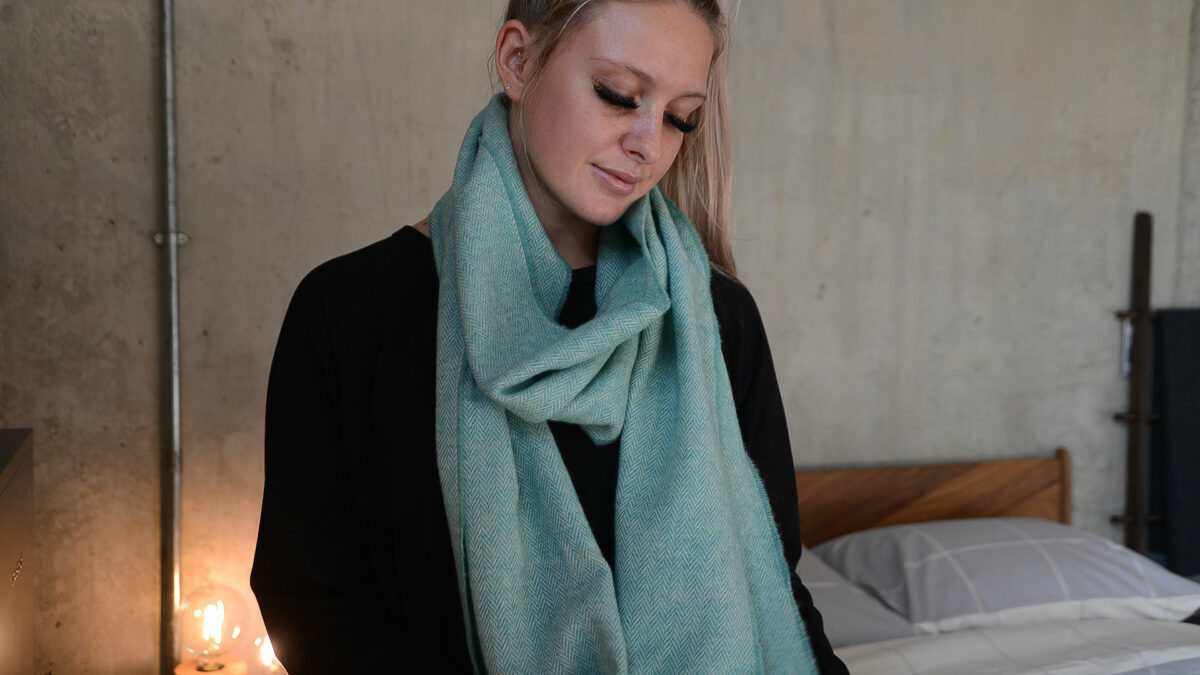 herringbone weave merino lambswool scarf in acqua