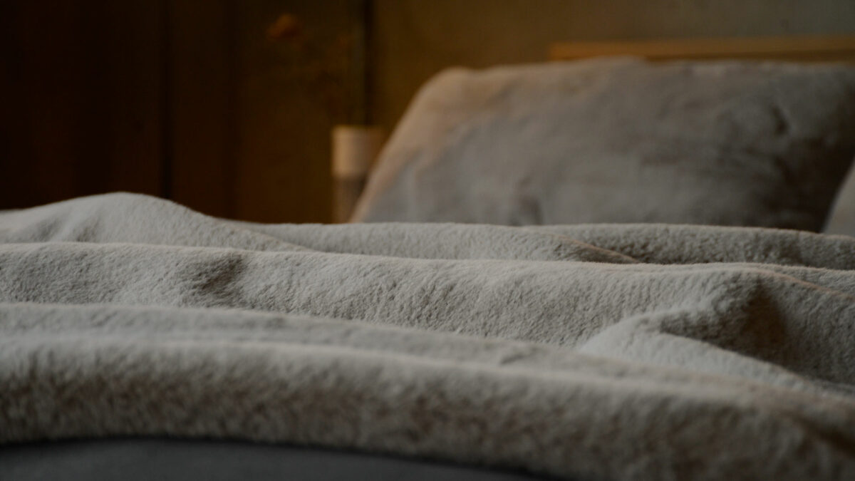 greige faux fur throw close up