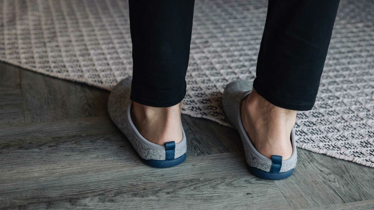 grey and blue slippers