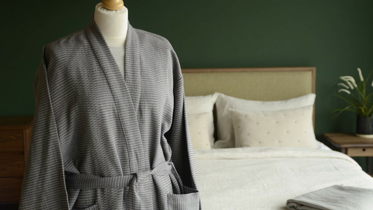 grey and ivory woven cotton bath robe