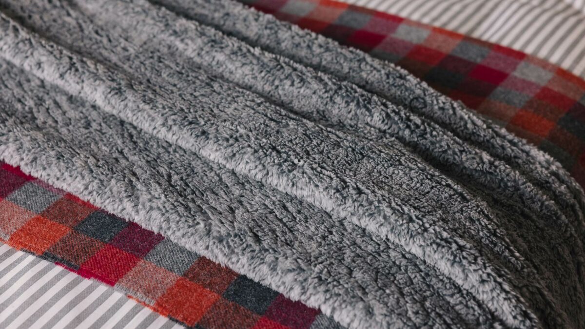 grey and red bedding detail