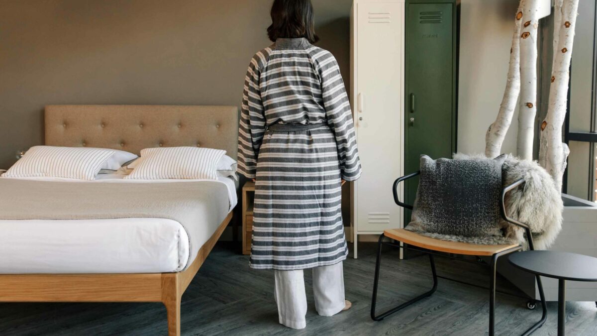 grey and white striped robe back view scaled