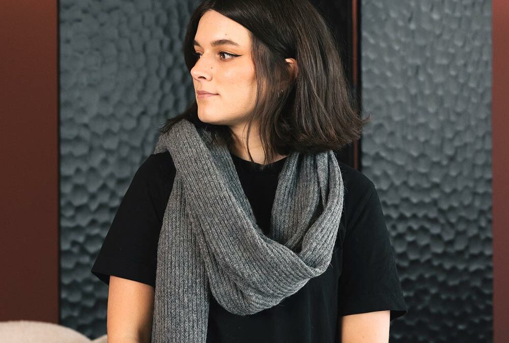grey baby alpaca scarf portrait