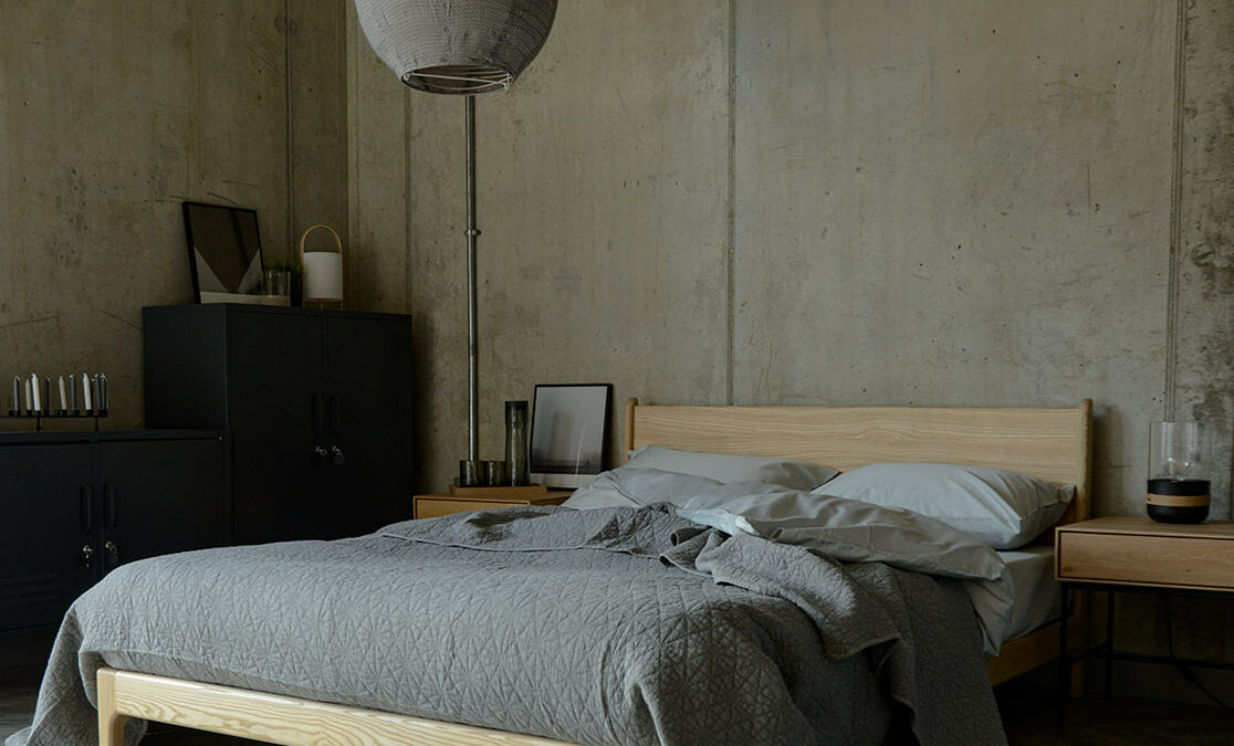 hexagon bedspread in grey on the Carnaby bed