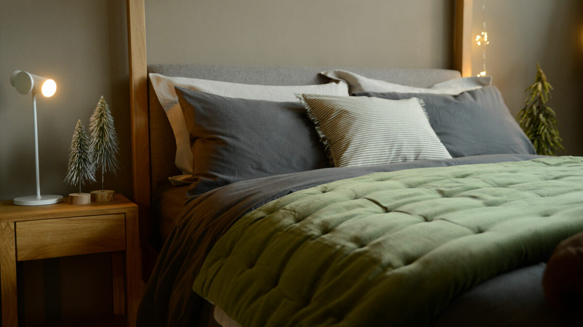 grey brushed cotton bedding with olive velvet throw xmas decs