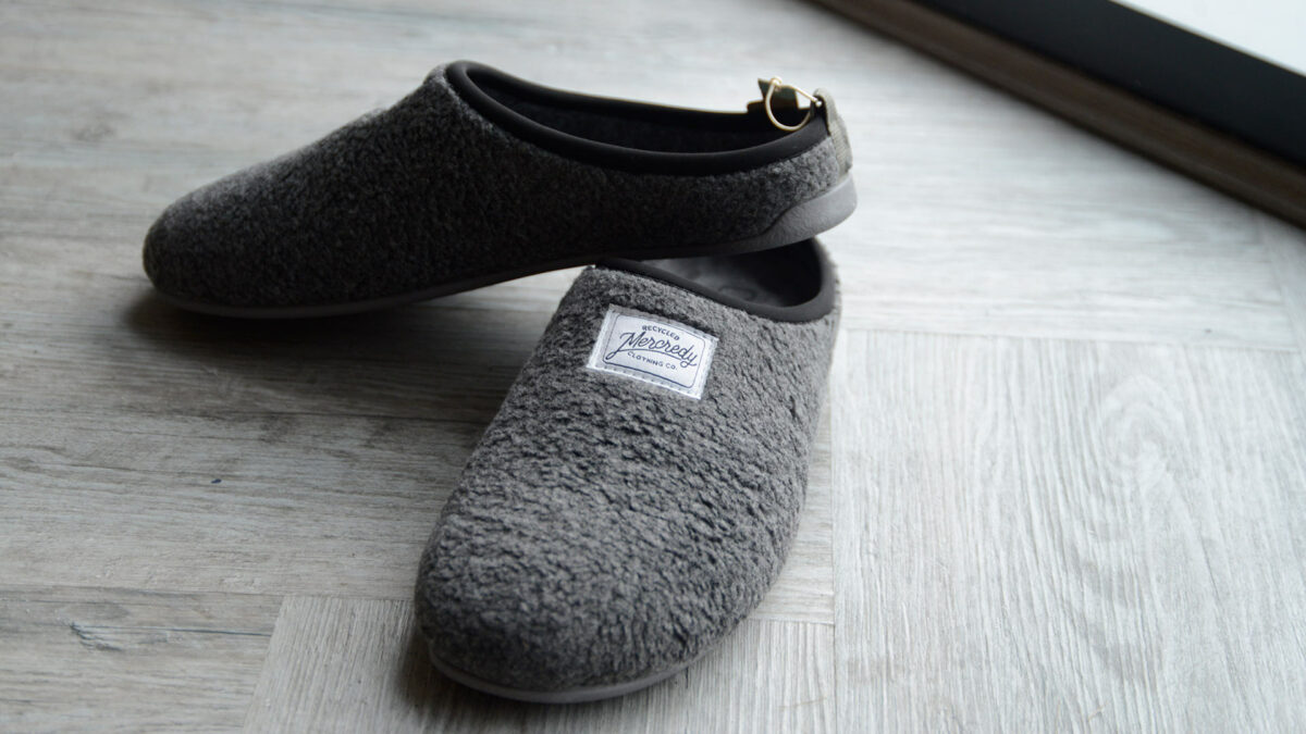 dark grey sheepskin look slippers with soles sustainably made from recycled bottles