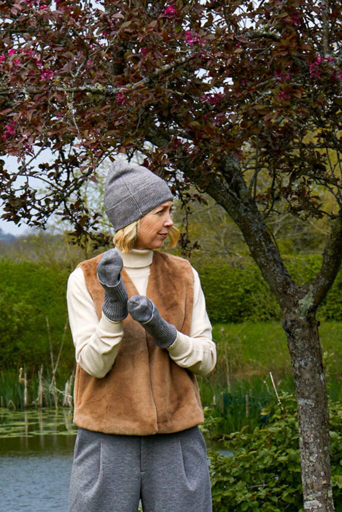grey hat mittens portrait