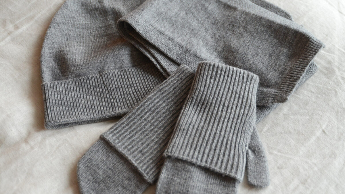 grey knitted hat scarf and mittens
