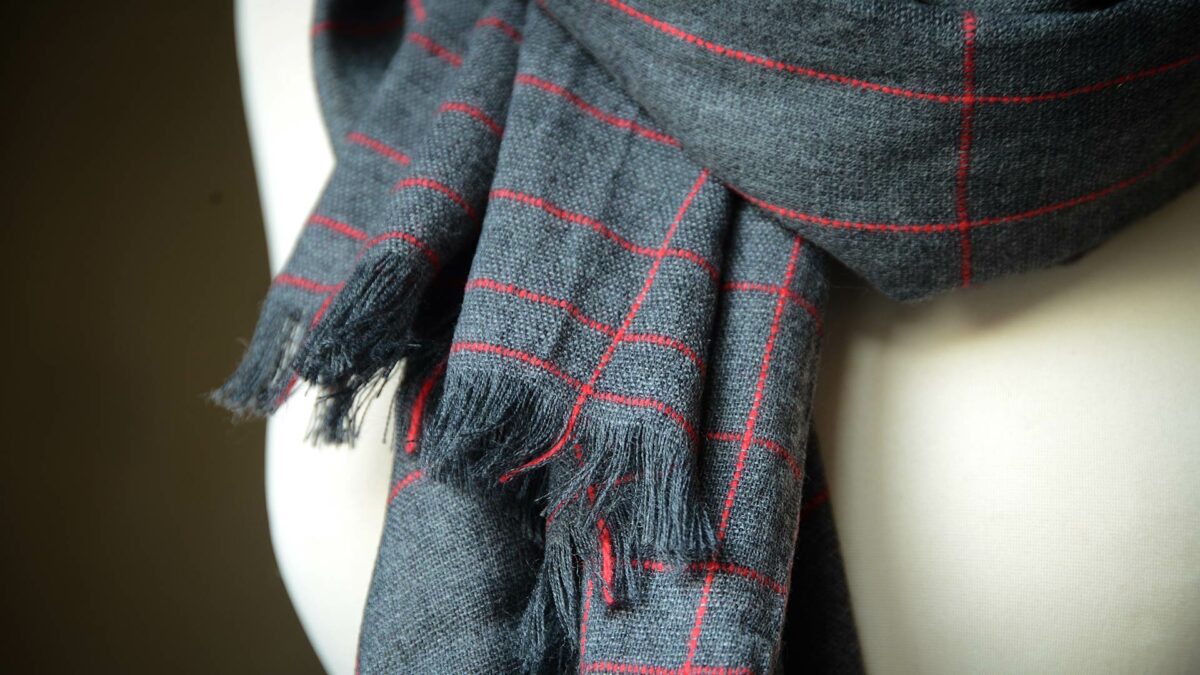 grey red scarf detail