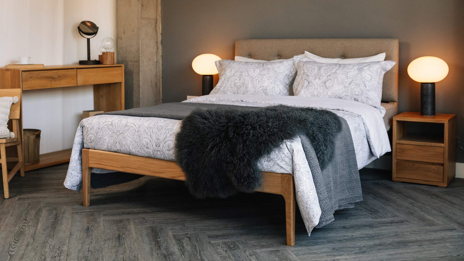 Grey bed deals with oak furniture
