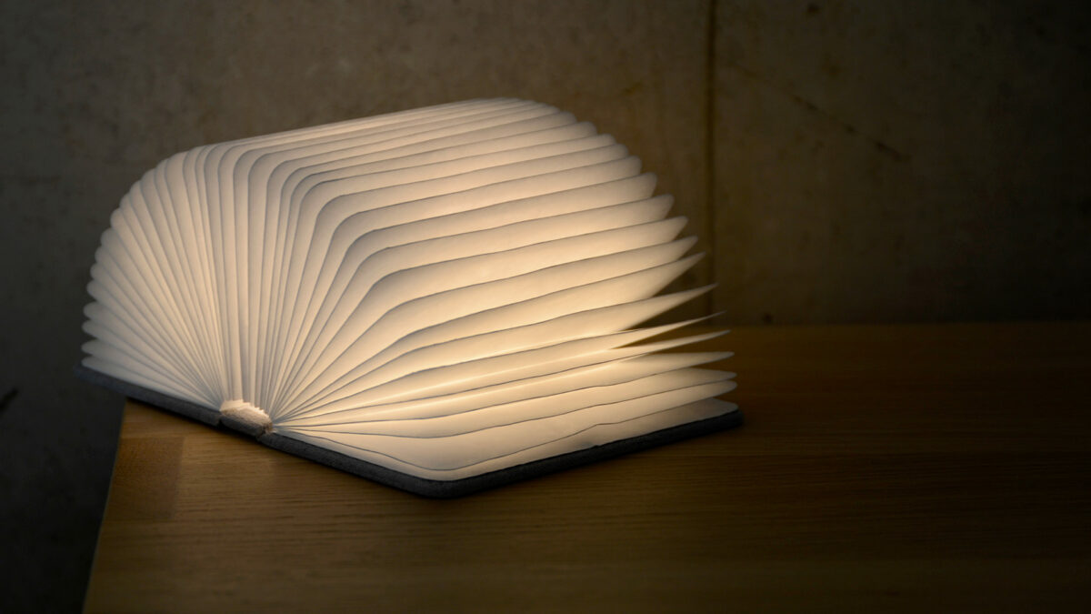 grey small book lamp open