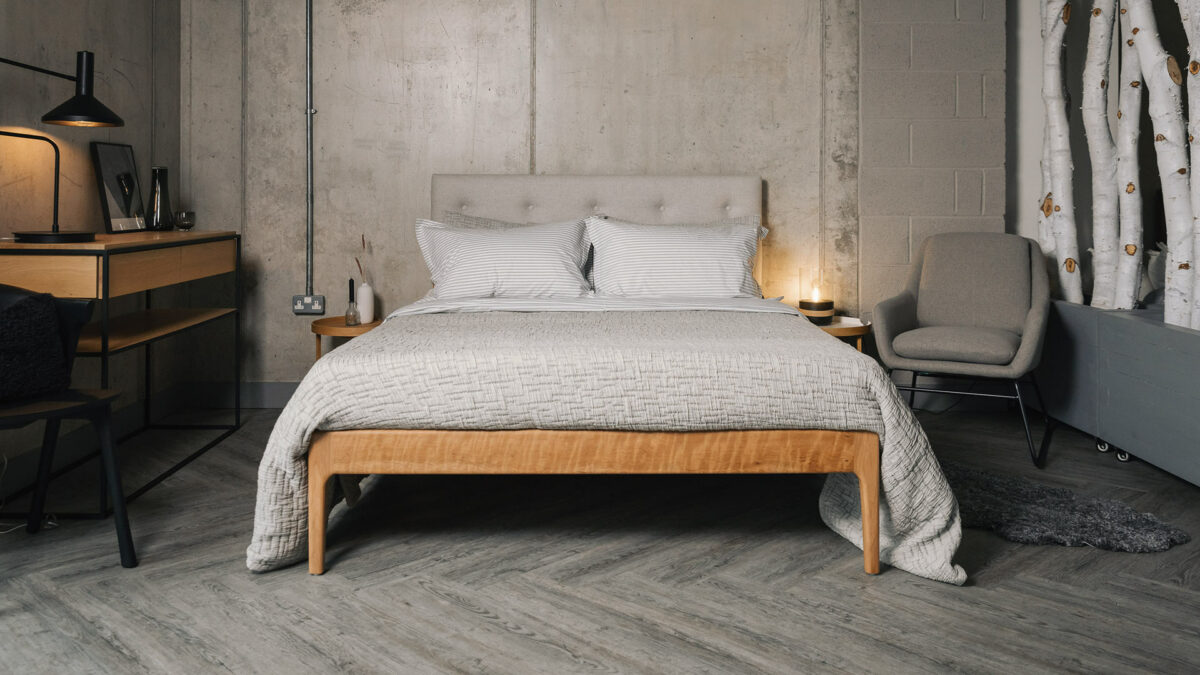 grey striped bedding with grey accessories on cherry bloomsbury