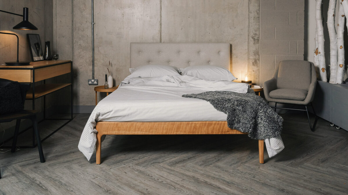 grey striped cotton duvet set with sheepskin