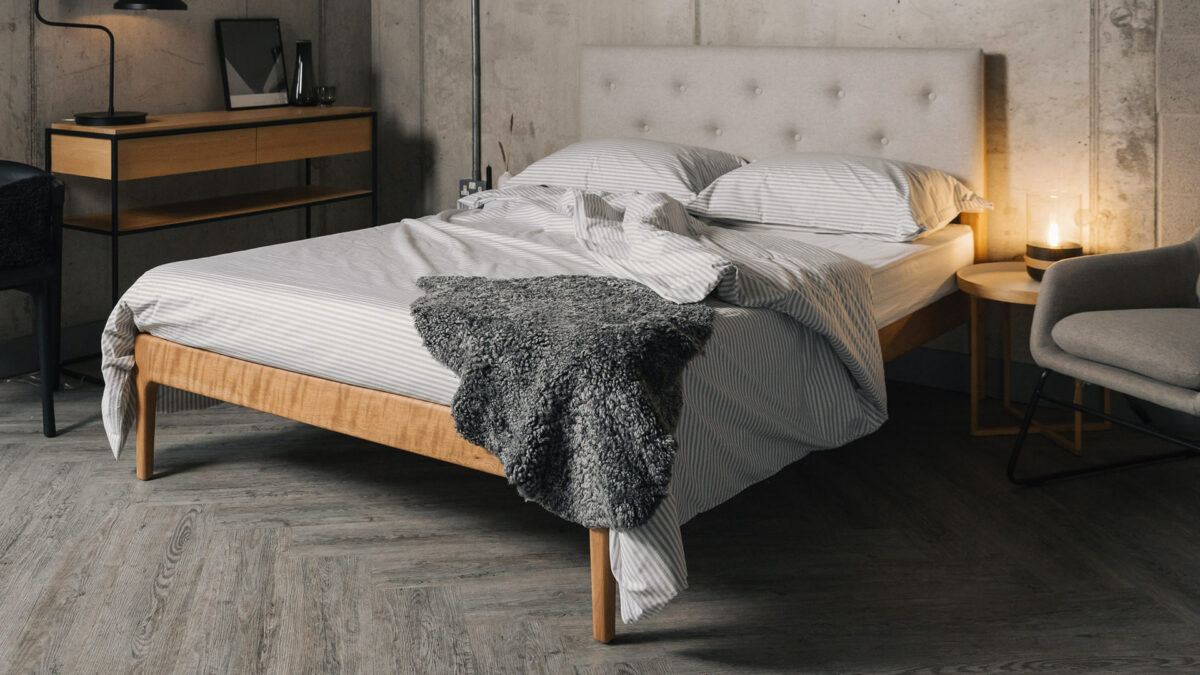 grey striped duvet set with grey short hair sheepskin