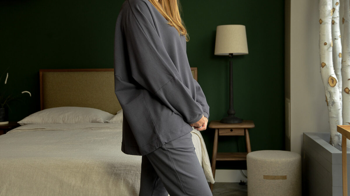 dark grey loose fit loungewear, top and bottoms