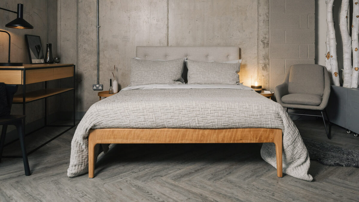 grey textured bedding on the cherry bloomsbury bed