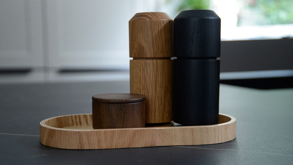 grinders with oak tray and salt pot