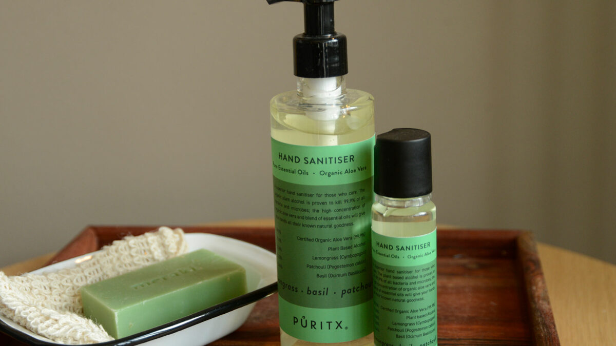 hand sanitiser in pocket and dispenser sizes lemongrass basil and patchouli scent