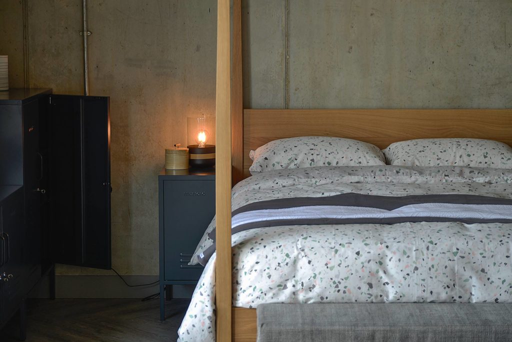 Hatfield oak bed and grey bedside locker