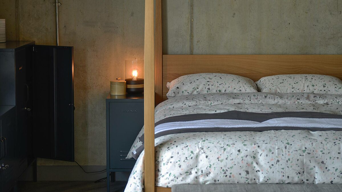 Hatfield oak bed and grey bedside locker