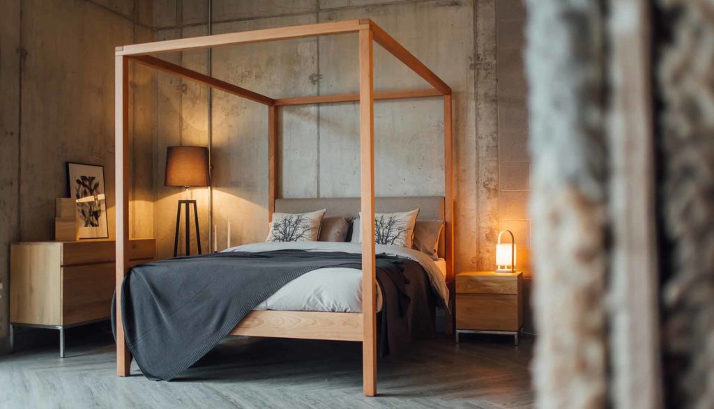 Neutral colours bedroom featuring our Classic Upholstered 4 poster bed, The Highland in cherry wood