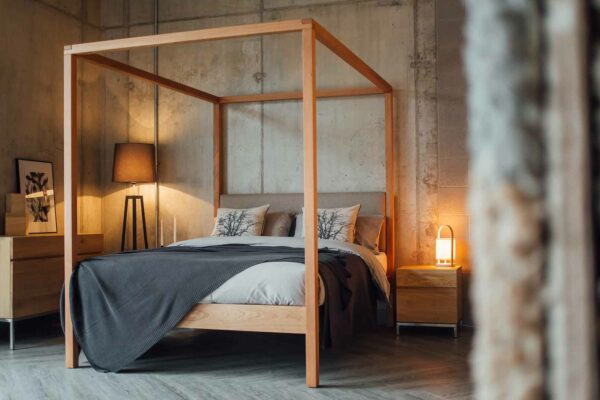 Neutral colours bedroom featuring our Classic Upholstered 4 poster bed, The Highland in cherry wood