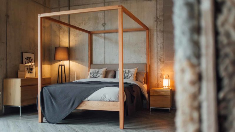 Neutral colours bedroom featuring our Classic Upholstered 4 poster bed, The Highland in cherry wood