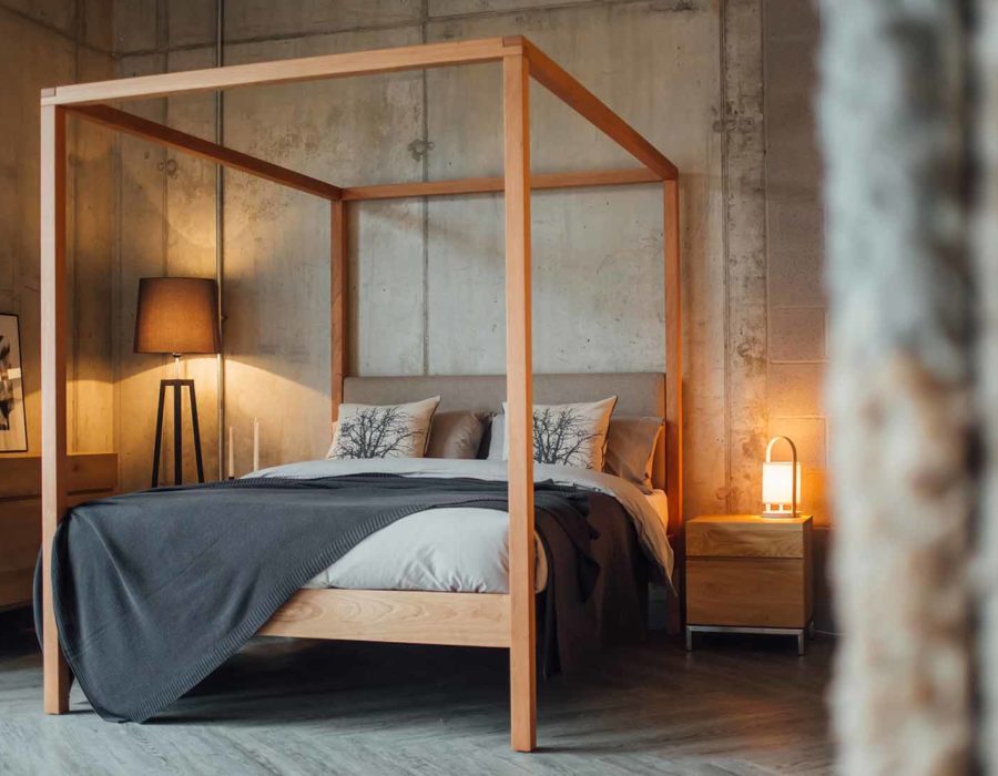 Neutral colours bedroom featuring our Classic Upholstered 4 poster bed, The Highland in cherry wood