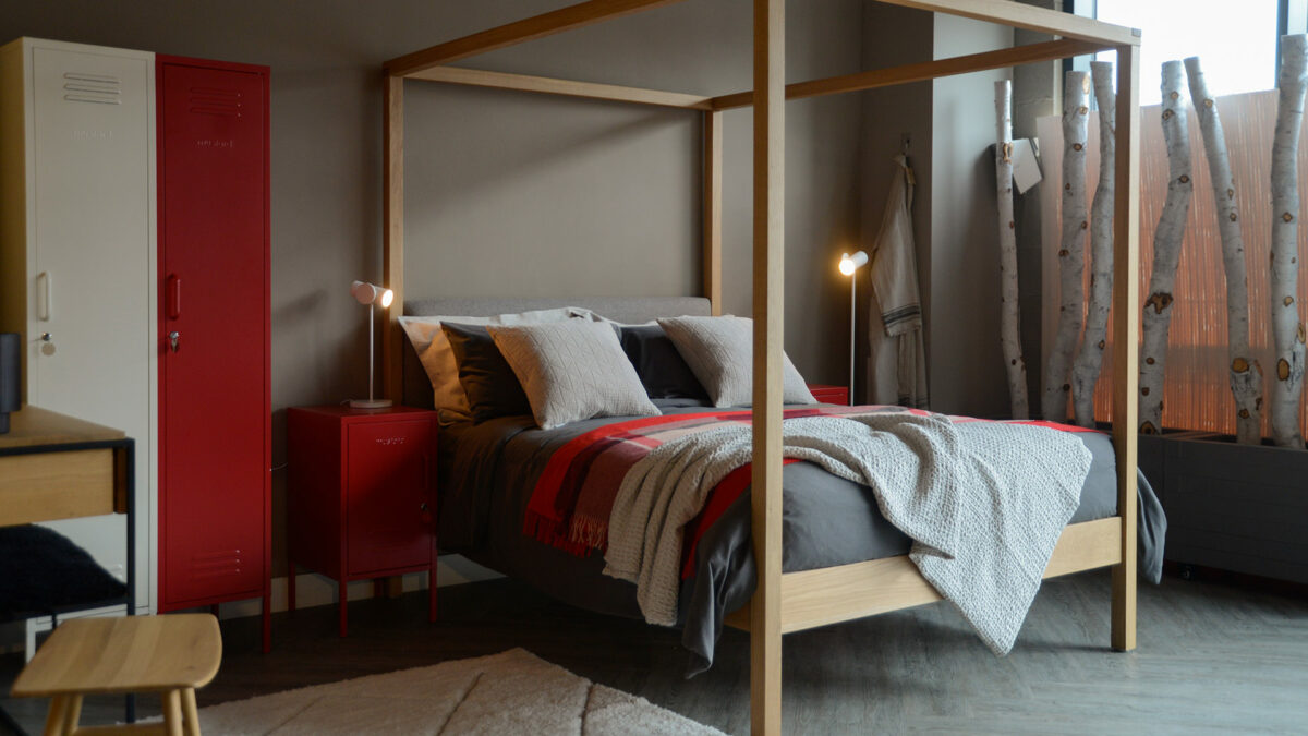 storage lockers in ivory and red shown with our Oak Highland bed