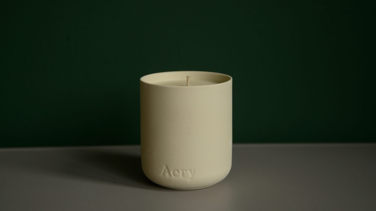 luxury scented candle in matt pale stone coloured porcelain pot with lid, Himalayan Cedarleaf scent